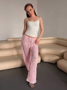 Katetique 优雅低腰性感舒适长裤，蝴蝶结条纹印花百搭长裤 - 粉色 - 查看 1