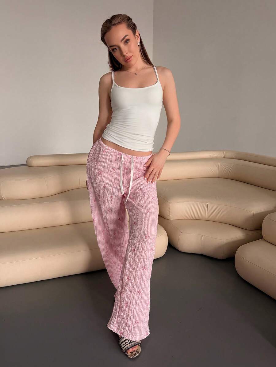 Katetique 优雅低腰性感舒适长裤，蝴蝶结条纹印花百搭长裤 - 粉色 - 查看 1