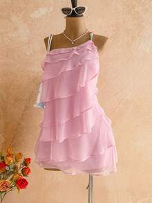 SHEIN WYWH 女士纯色荷叶边单肩无袖迷你连衣裙 - 粉色 - 查看 4