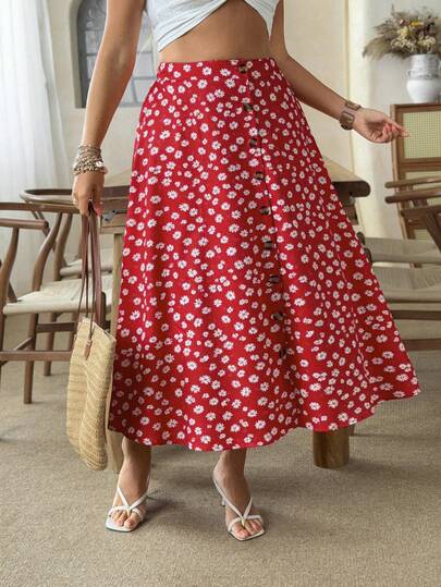 Ceyna Plus Size Women All-Over Print Single-Breasted Casual Versatile Date/Travel A-Line Skirt