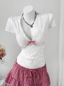 Sweetra Plus Size Women's Fitted Embroidered White Casual Blouse, Spring/Summer - White - View 3