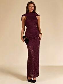 SHEIN BAE 酒红色露背深V领性感蕾丝长裙，优雅度假沙滩长裙，秋夏季 - 酒紅色 - 查看 1