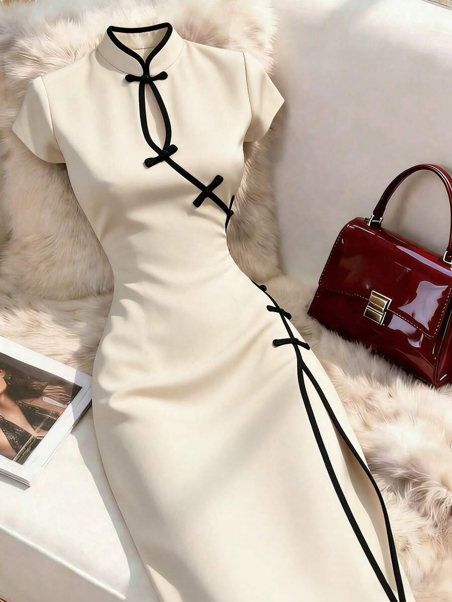 Franclia 时尚女士中国新年搭扣连衣裙，优雅新款中国风连衣裙，撞色滚边长裙，女士优雅套装，高品质连衣裙，女士正装，女士连衣裙，优雅经典韩版连衣裙 - 杏色 - 查看 1