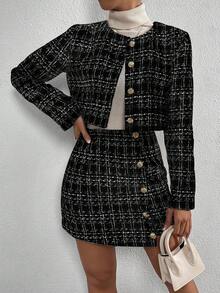 SHEIN Clasi Plaid Button Front Crop Jacket & Skirt Fall Cloth For Women - Black - View 5