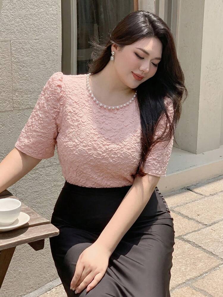Dazy Plus Floral Print Puff Sleeve Short Sleeve Pullover Elegant Spring/Autumn T-Shirt, Party Wear For Plus Size Women Summer