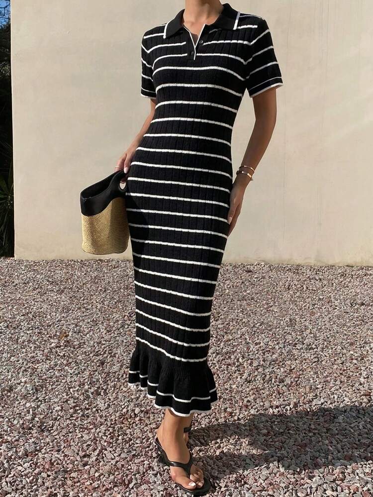 Women's Elegant Turndown Collar Colorblock Striped Knit Dress, Summer