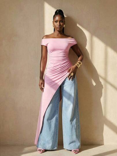 BamGleam Asymmetric Hem Design Women's T-Shirt, Fashionable Vacation Casual Style, Suitable For Travel, Daily Wear, Back To School, Party, Spring, Valentine's Day, New Year