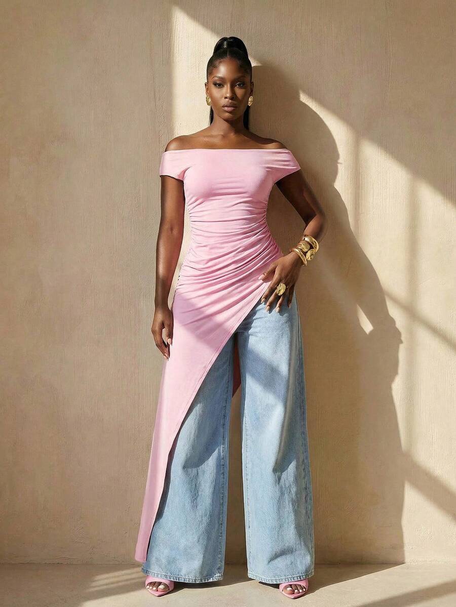 BamGleam 不对称下摆设计女式T恤，时尚休闲度假风，适合旅行、日常穿着、返校、派对、春季、情人节、新年等场合。 - 粉色 - 查看 1