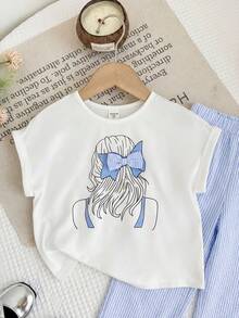SHEIN LMoss Kids 两件套女童针织纯色圆领T恤和宽松蝴蝶装饰休闲裤套装 - 藍色 - 查看 5