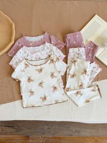 SHEIN LMoss Kids Dozemod 女嬰可愛卡通熊與花卉印花荷葉邊圓領短袖上衣與長褲 6 件組 灰粉色夏季度假睡衣套裝 - 彩色 - 查看 3