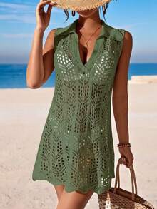 SHEIN Swim 女士纯色镂空无袖度假连衣裙 - 綠色 - 查看 5