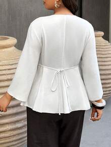 Weeklong White V-Neck Linen-Cotton Short-Sleeve (3/4 Length) A-Line Shirt For Plus-Size Women, Suitable For Casual, Office, Daily Wear & Spring/Summer Outings - White - View 2