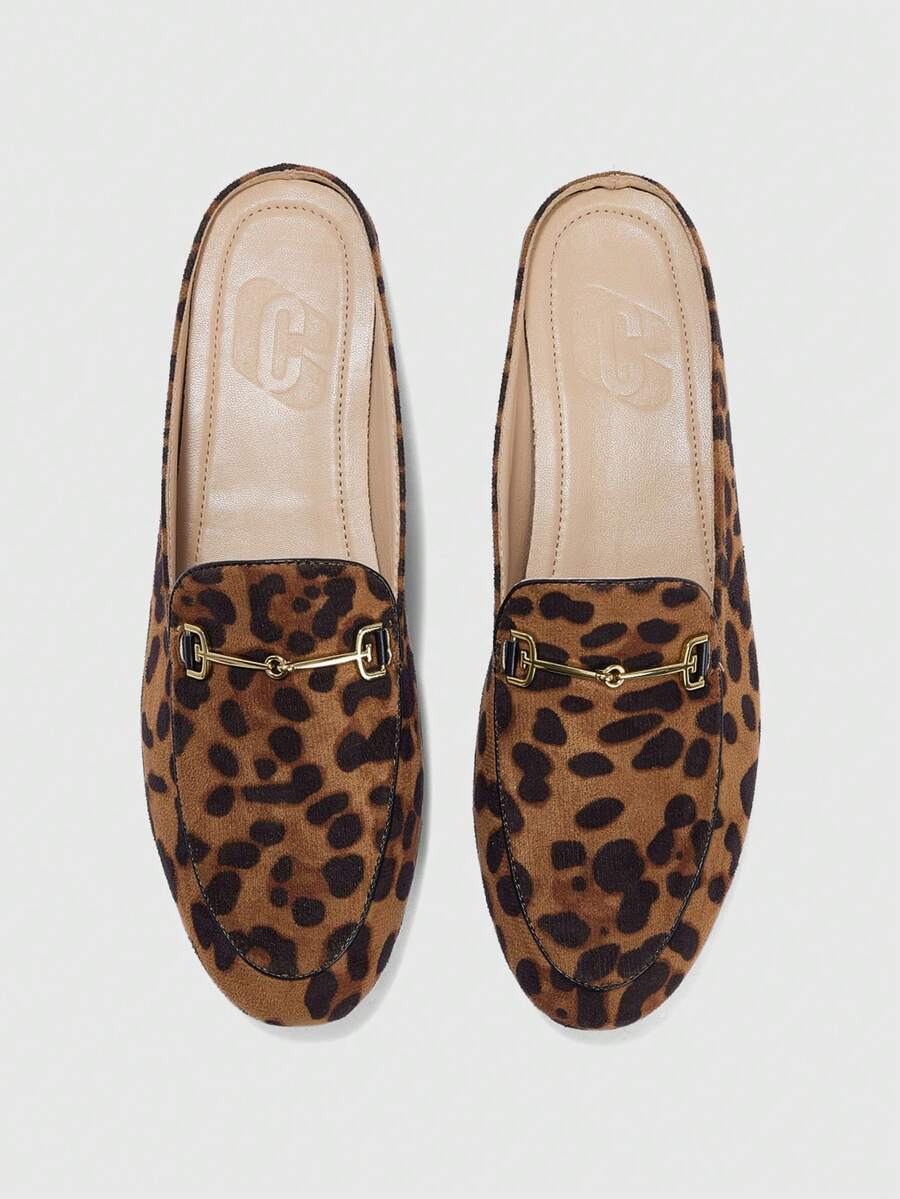 CUCCOO BIZCHIC Women Shoes Leopard Print Brown Suede Metal Decorative Round Toe Flat Bottom Daily Versatile Commuter Closed Toe - Leopard Brown - View 1