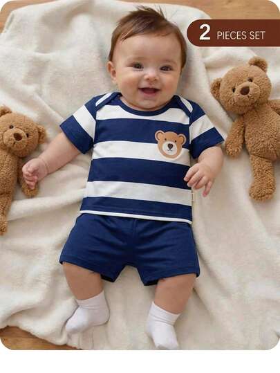 新生男宝宝可爱夏季休闲针织条纹卡通印花短袖T恤和松紧腰短裤套装