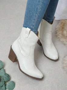 Black Cowboy Short Boot With Reptile Texture - White - View 2