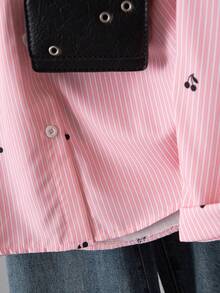 Summer  1pc Tween GirlsTurndown Collar Long Sleeve Cardigan Striped Shirt With Embroidered Front Pattern, Casual Top For Autumn - Pink - View 4