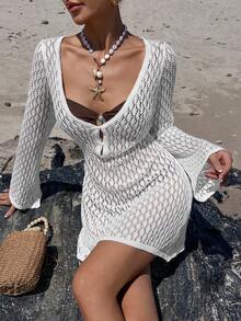 Livesso 女士深V领蕾丝面料长袖短款沙滩罩衫泳衣 - 白色 - 查看 5
