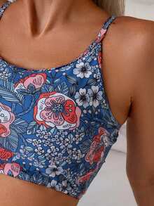 Swim Vcay Conjunto de tankini con estampado aleatorio para la playa en vacaciones de verano, conjunto de dos piezas con bikini de tiro alto - Multicolor - Ver 4