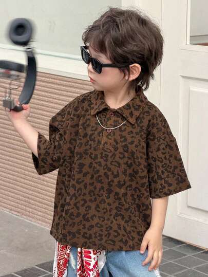 Dazy Kids Young Boy Leopard Print Polo Collar Loose Casual Short Sleeve T-Shirt