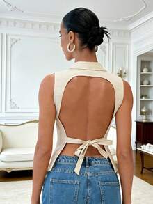 INAWLY Solid Color Sleeveless Backless Front Button Casual Shirt - Apricot - View 2