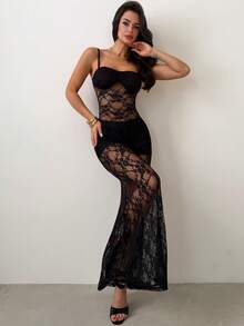 Firerie 女士优雅性感迷人约会之夜蕾丝拼接上衣和精致美人鱼蕾丝裙两件套，蕾丝两件套，性感两件套，度假两件套 - 黑色 - 查看 7