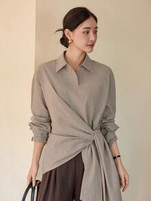 Dazy-Less Women's Striped Drop Shoulder Long Sleeve Side Tie Casual Shirt - Khaki - View 6