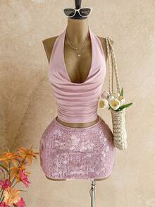 Soleia 2pcs Pink Sequin Vacation Set For Women Spring To Summer Easter Carnival Carnival Costume  Party Beach Wedding Beach Graduation Pink Two Piece Set Sequin Two Piece Set Pink Skirt Set Pink Vacation Outfit Pink Beach Outfit   Sequin Dress Pink Top Sparkle Two Piece Set Pink Outfit Women 2 Piece Two Piece Set Women Party Birthday Outfits For Women Two Pieces - Baby Pink - View 8