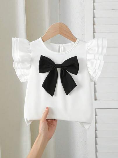 Summer Girls Casual Cute Bow Decor + Flutter Sleeve Round Neck Cap Sleeve T-Shirt, Suitable For Commuting And Outings In Summer
