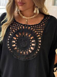 Ceyna Plus Size Casual Vacation Solid Color Fringe Decor Dress Women's Beach Cover Up Women's Summer Outfits Women's Tops For Summer Women 2 Pieces Outfit Casual Bikini Cover Ups Dress Bathing Suits For Women Cover Ups Beach Dresses For Women Cover Up Blouse For Women Casual Blouses For Women T Shirt - Black - View 5