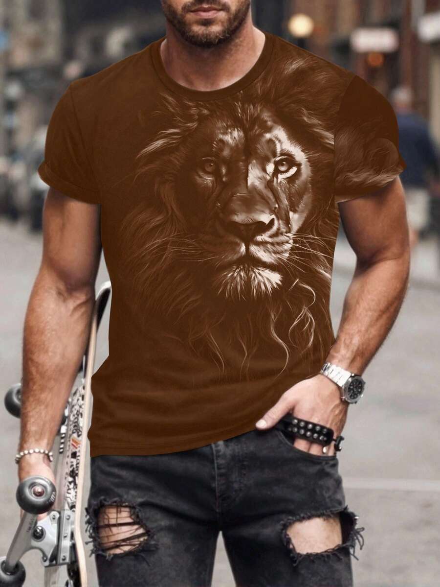 Manfinity Roughcore Men's Lion Print Round Neck Short Sleeve Casual T-Shirt - Multicolor - View 1