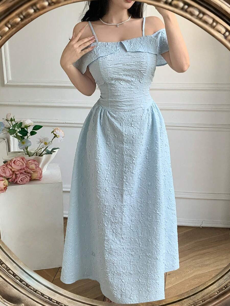 Celisse Đầm dạ hội dài nữ kiểu dáng thanh lịch, xếp ly, trễ vai, thắt eo, chất liệu jacquard. - Màu xanh lam - Xem 1