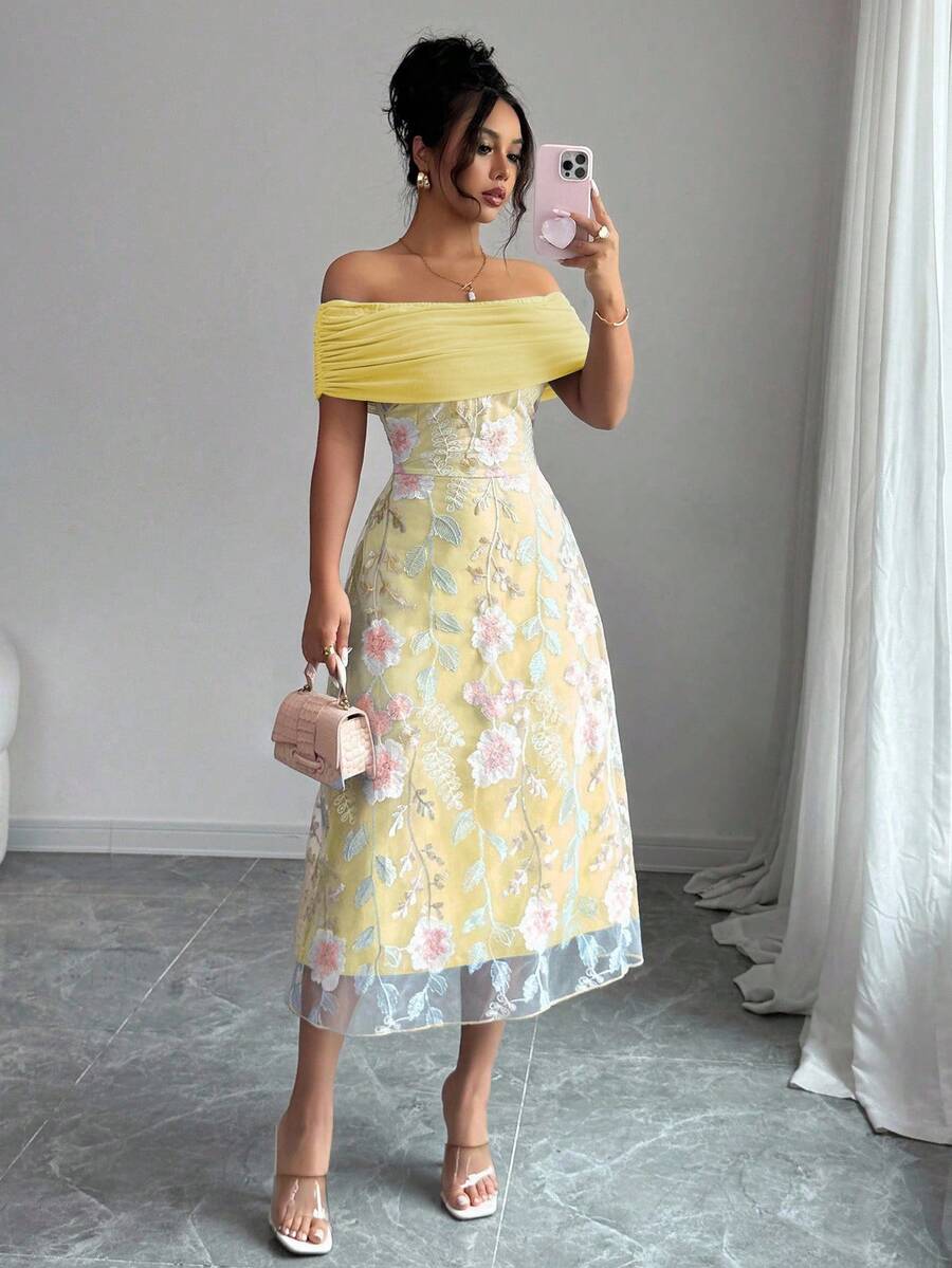 Modelyn 女式网眼拼布涤纶针织刺绣露肩荷叶边简约性感夏装 - 黃色 - 查看 1