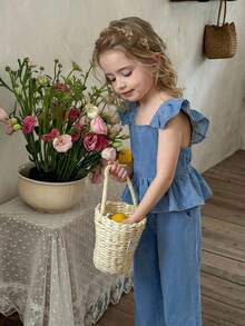 2件套女童浅蓝色牛仔荷叶边上衣和宽松裤子套装 - 淺色水洗藍 - 查看 7