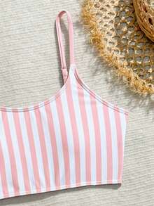 SHEIN 少女夏季沙滩条纹吊带背心和三角比基尼泳装套装 - 粉色 - 查看 4