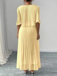 Elenzga 大码纯色优雅淑女雪纺褶皱连衣裙，春夏款 - 淡黃色 - 查看 2