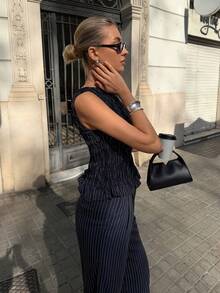 Siren Gaze 藏蓝色条纹无袖上衣和裤子休闲通勤套装，女士，春夏款 - 藏蓝色 - 查看 4