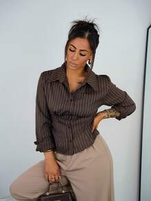 SAYEHFBABY Áo sơ mi kẻ sọc cổ điển ôm sát dành cho nữ - màu nâu - Xem 1