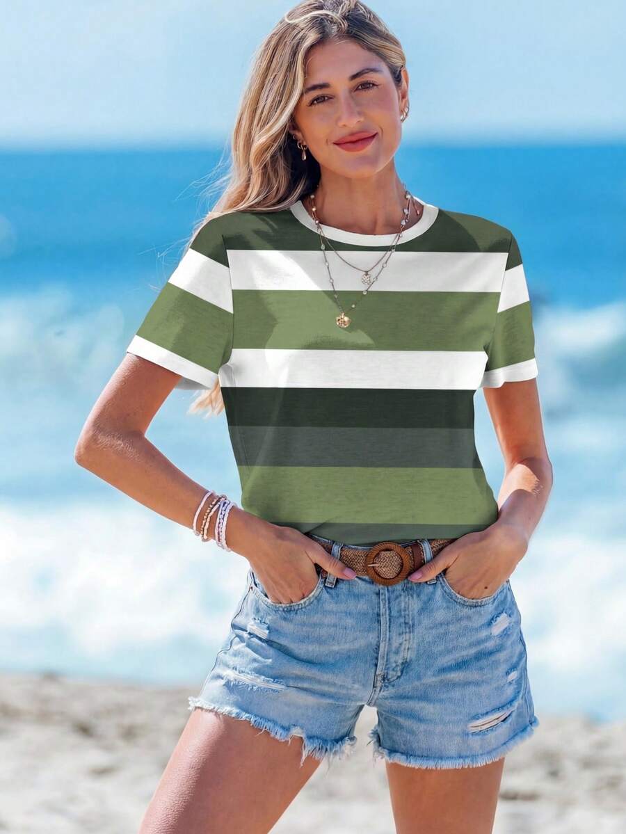 Sylviya Casual Color Block Stripe Pattern Round Neck Short Sleeve Women T-Shirt, Suitable For Spring/Summer - Green - View 1