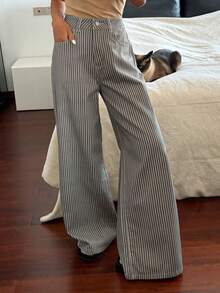 Livesso Women's Loose Fit Straight Leg Jeans, Plaid & Striped Color Block Design, Suitable For Summer, Autumn, Spring, Casual Business Office Wear - Brown - View 7
