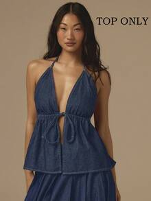 COSMINA Áo kiểu denim nữ thanh lịch, cổ chữ V sâu, xếp ly, buộc dây, thích hợp cho kỳ nghỉ, phong cách thường ngày lãng mạn, phù hợp cho mọi mùa. - Rửa tối - Xem 5