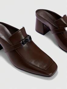 CUCCOO BIZCHIC European And American Buckle Thick Heel Mule Slip-On Shoes For Women - Coffee Brown - View 3