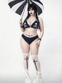 ROMWE Goth Bộ bikini hai mảnh dành cho nữ, bộ bikini in họa tiết gợi cảm cho kỳ nghỉ hè. - màu đen - Xem 5