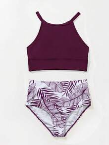 SHEIN Swim Women's Solid Color Halter Tankini Top And Triangle Bottoms Swimwear Set, Suitable For Summer Vacation - Purple - View 8