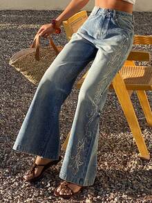 DAZY Women's Regular Mid-Waist Rhinestone Embellished Flare Jeans, Elegant Long Pants - Medium Wash - View 7
