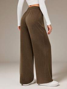 SHEIN Tall Pantalones de chándal casuales con cordón en la cintura de color marrón café para mujer - Café integral - Ver 2