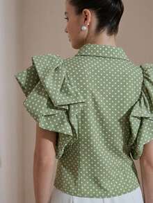 BELROSIE Blus Wanita Berkerah Elegan Berkualitas Tinggi dengan Motif Polkadot Retro Prancis, Lengan Mengembang, dan Kerah Mewah. - Hijau - View 2