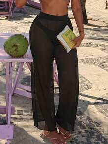 Vaytide Summer Beach Solid Sheer Mesh Cover Up Pants - Black - View 3