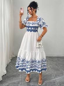 GlowEve CURVE Plus Size Lantern Sleeve Waist Cinched Long U-Neck Elegant Everyday Dress - Blue and White - View 3