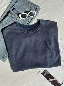Comfortcana Plus Size Cream Washed Snow Flake Short Sleeve T-Shirt, Spring - Navy Blue - View 3