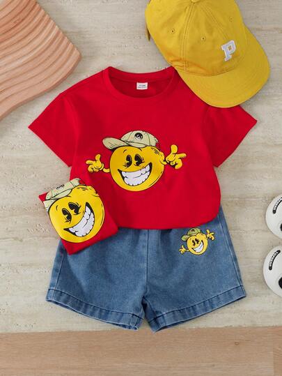 SHEIN Playful Pals 男婴休闲可爱卡通图案套装，红色卡通图案T恤搭配浅蓝色牛仔短裤，适合日常休闲穿着，男童套装，秋季男童服装